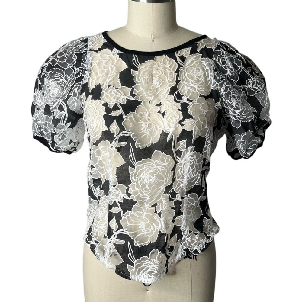 Akira Chicago Black Label Floral Burnout Puff Sleeve Blouse Size Medium